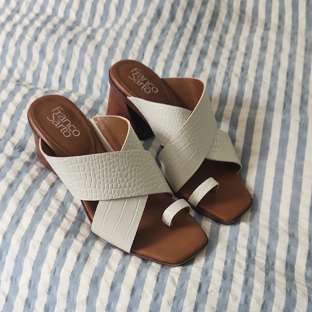 Franco Sarto White and Brown Mules with Textured Straps